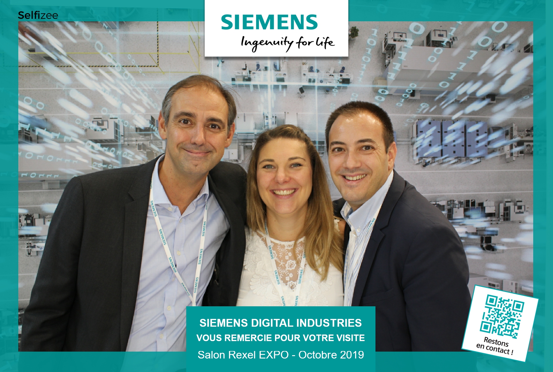 Animation selfie box et fond vert stand Siemens au salon Rexel Expo Paris 2019 - photobooth connecté avec impressions photos pour les visiteurs